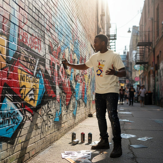 Person spray painting a colorful mural on a brick wall in an urban setting.