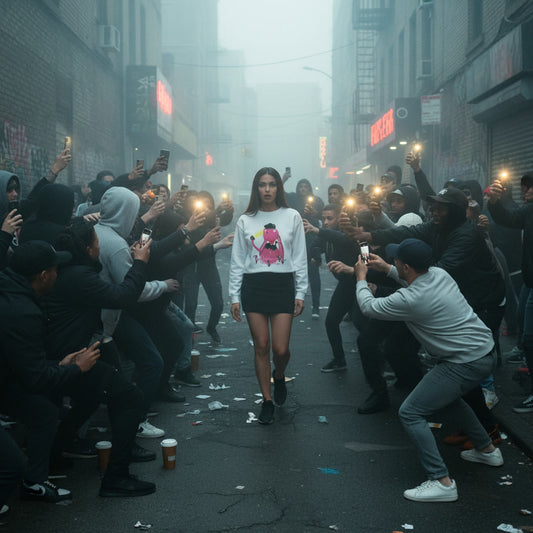 Woman walking through a crowd on a city street, surrounded by people taking photos.