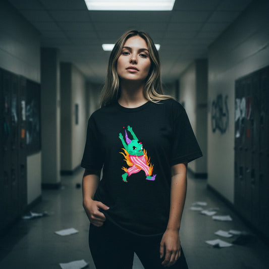 Person wearing a black t-shirt with a colorful graphic in a hallway