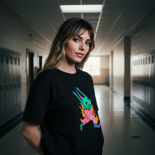 Person wearing a black t-shirt with a colorful graphic design in a school hallway.