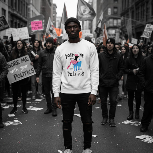 Person wearing a sweatshirt with a graphic design in a protest setting