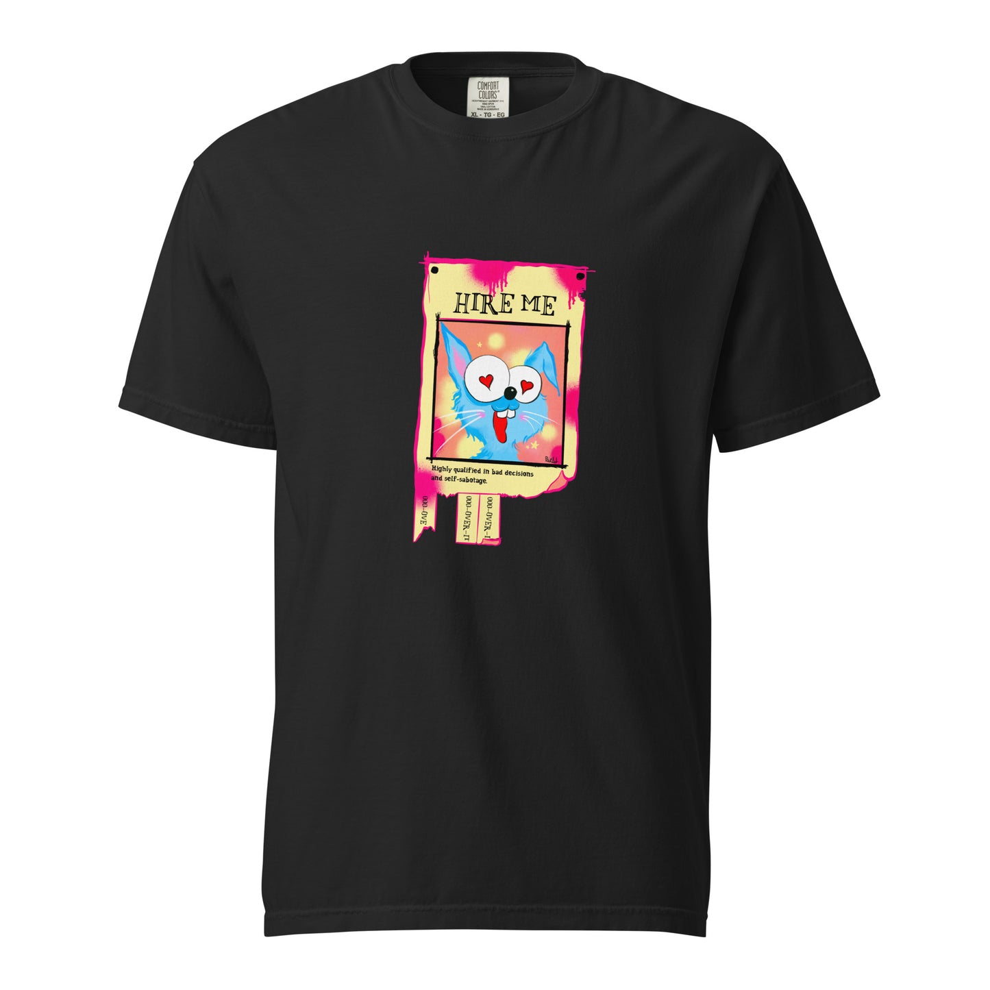 Black t-shirt featuring colorful 'Hire Me' graphic with cartoon character design.