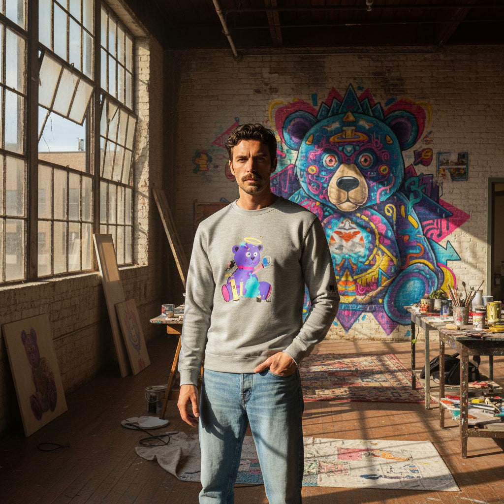 Man standing in a studio with a colorful bear mural on the wall.