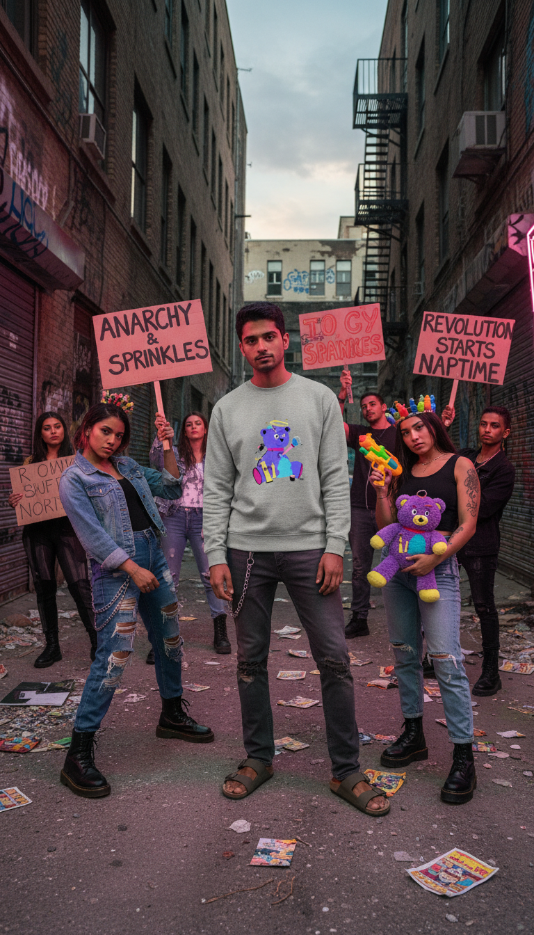 Person wearing a gray sweatshirt with a colorful graphic, surrounded by people holding signs in an urban alleyway.