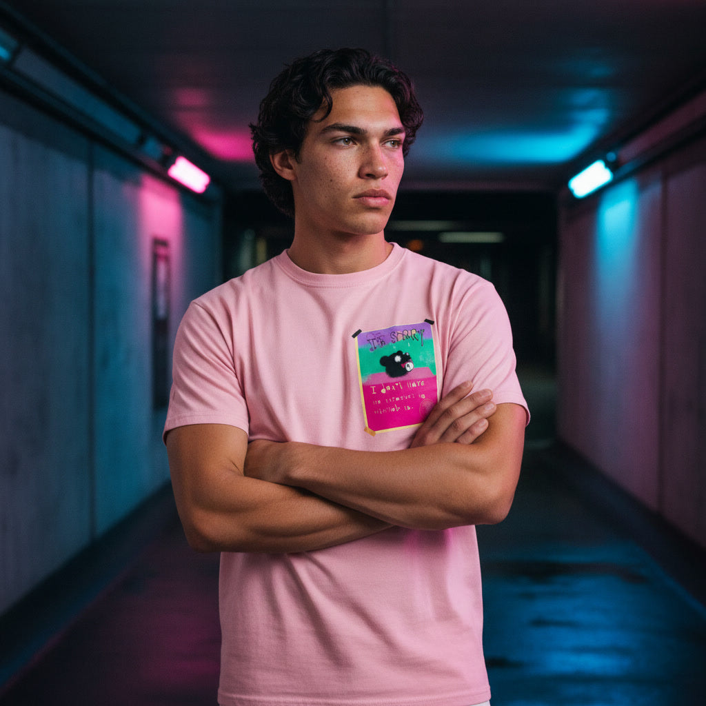 Person wearing a pink t-shirt with a colorful graphic design in a neon-lit hallway.