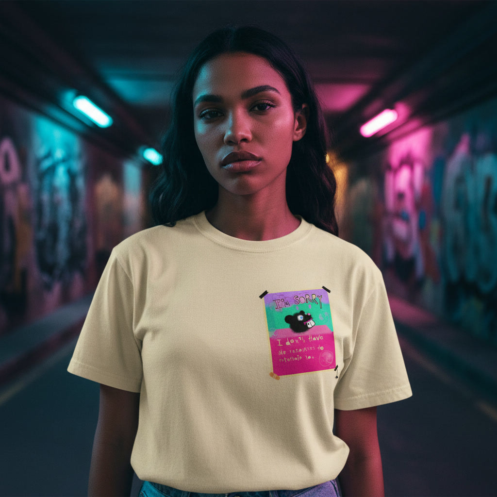 Person wearing a beige t-shirt with a graphic design in a neon-lit alleyway.
