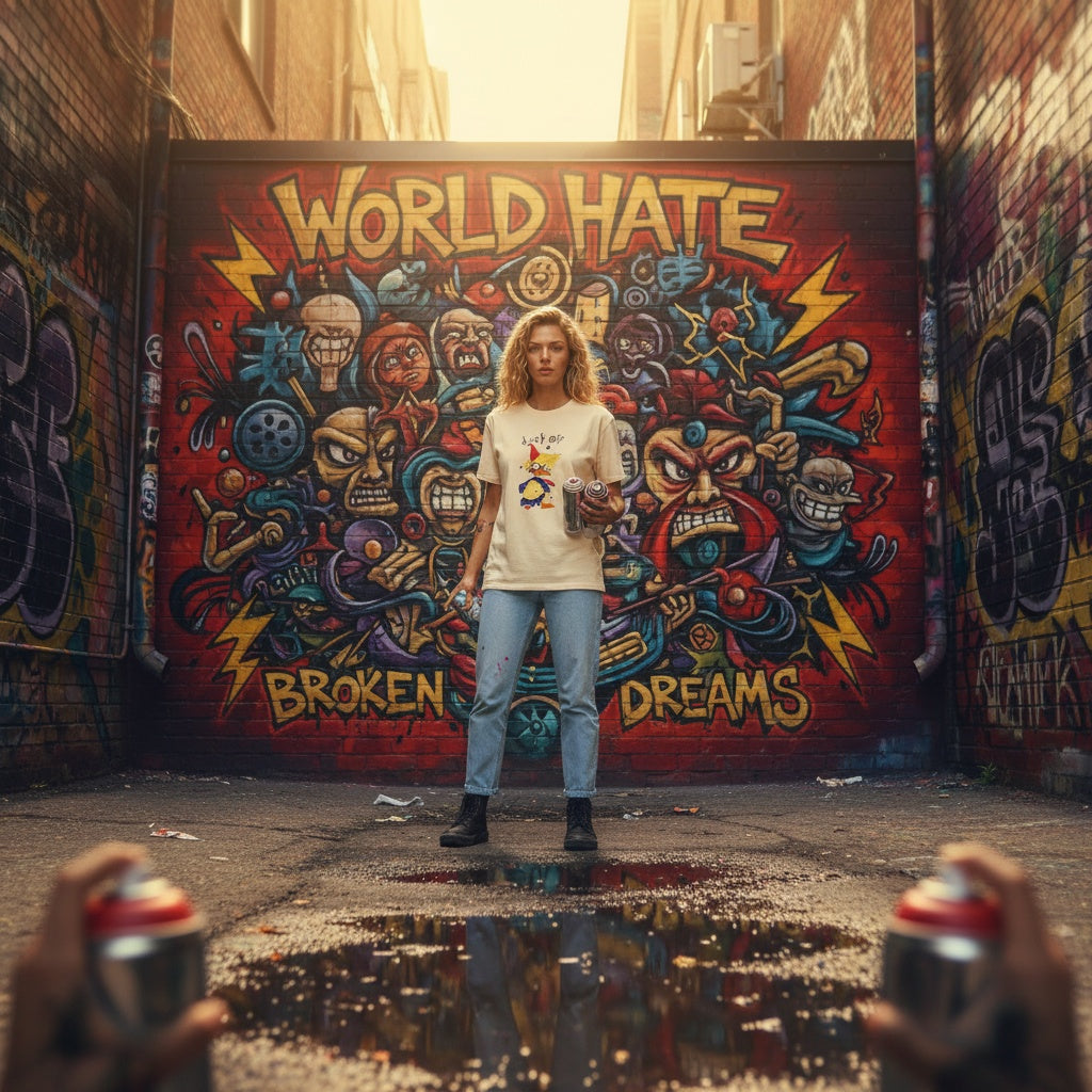 Person standing in front of a colorful mural with 'World Hate, Broken Dreams' text in an urban setting.