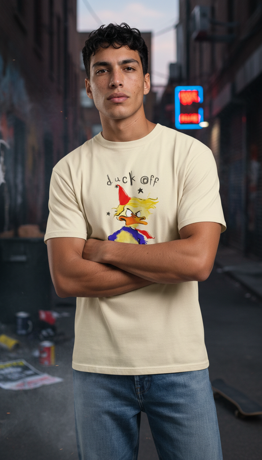 Man wearing a beige t-shirt with a graphic design in an urban setting