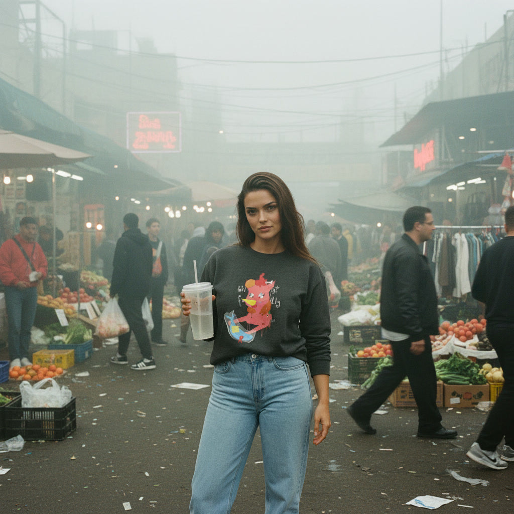 Woman standing in a foggy market with people and stalls around