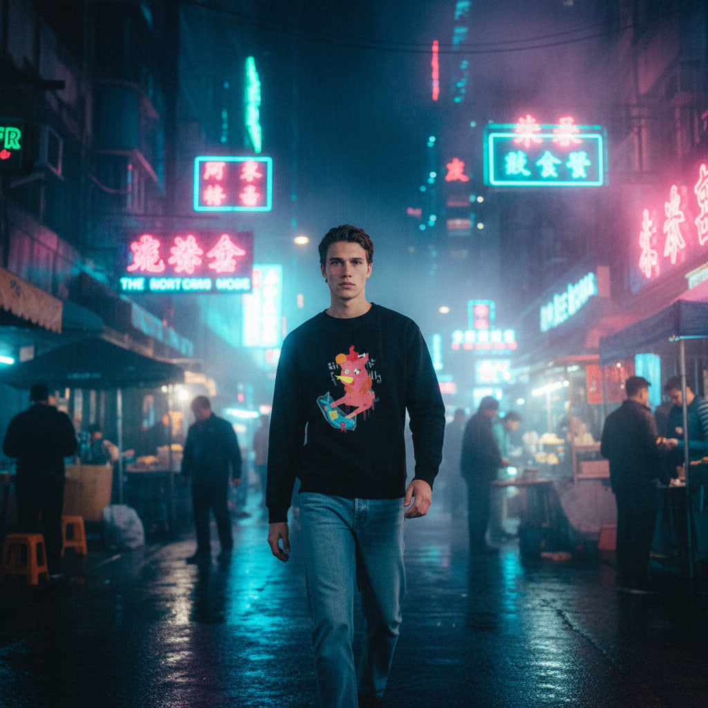 Man walking through a neon-lit street at night