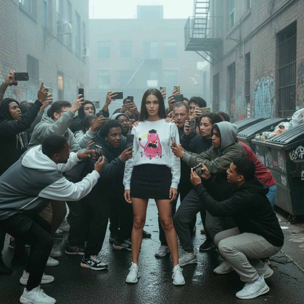Woman in a white sweater with a graphic design surrounded by people taking photos in an urban setting