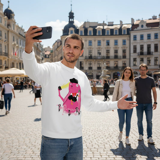 Man taking a selfie in a city square with a colorful graphic on his white sweatshirt.