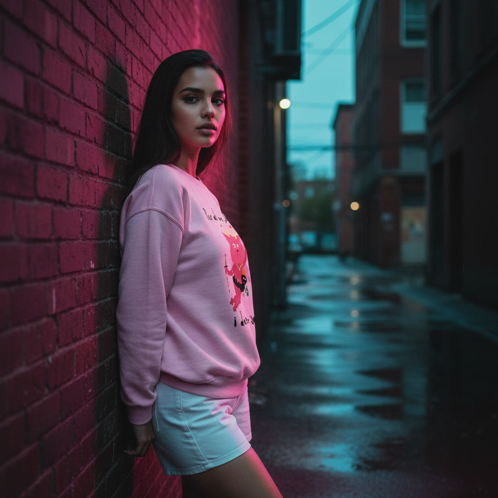 Woman in a pink sweatshirt and white shorts leaning against a brick wall with a neon-lit alleyway.