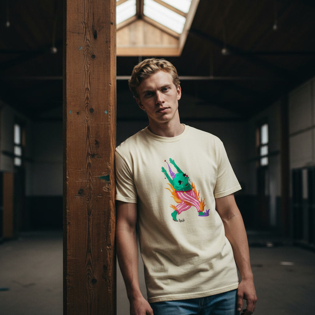 Man wearing a beige t-shirt with a colorful graphic design in an indoor setting