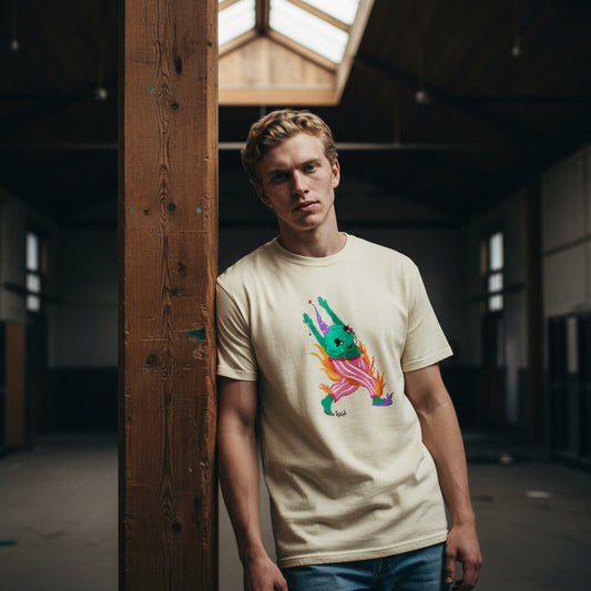 Man wearing a beige t-shirt with a colorful graphic design in an indoor setting
