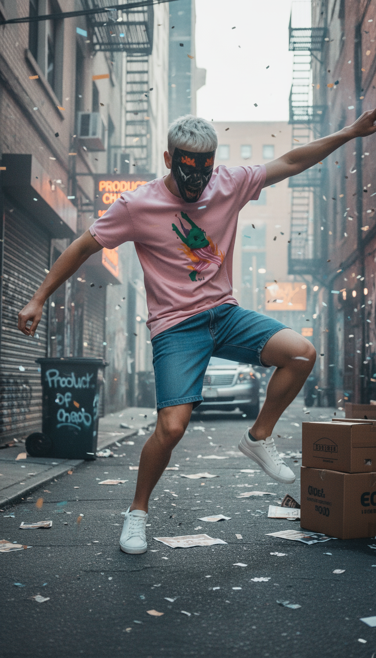 Person in a pink shirt and blue shorts jumping in an urban street setting with boxes and cars.