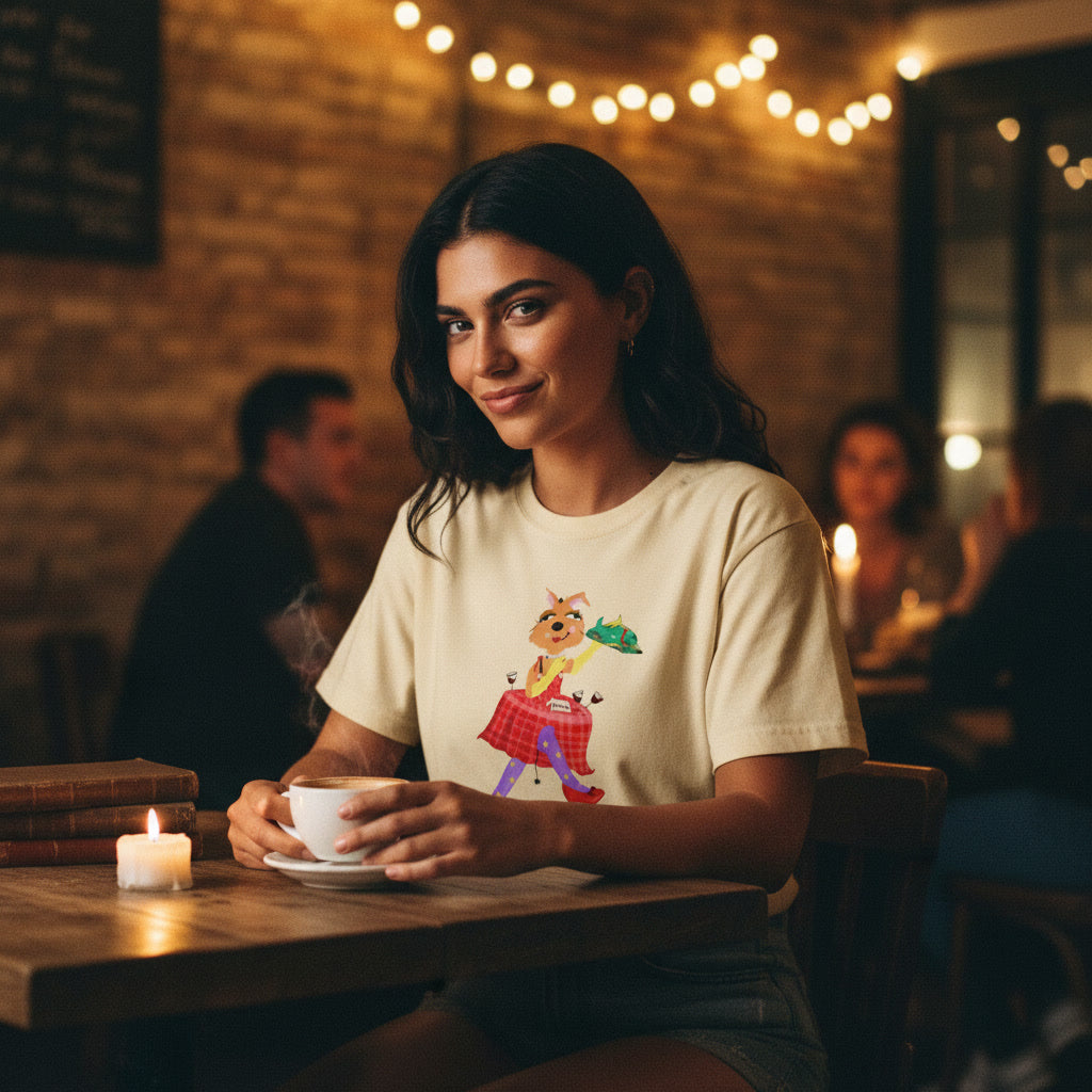 Woman sitting at a table in a cozy café holding a cup.