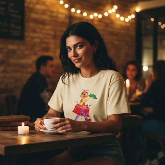 Woman sitting at a table in a cozy café holding a cup.