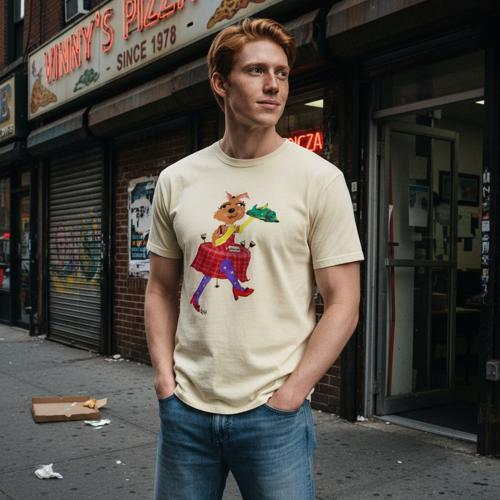 Man wearing a t-shirt with a graphic design standing on a street in front of a pizza shop.