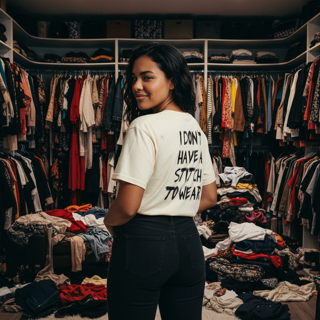 Person wearing a white t-shirt with text in a cluttered wardrobe.