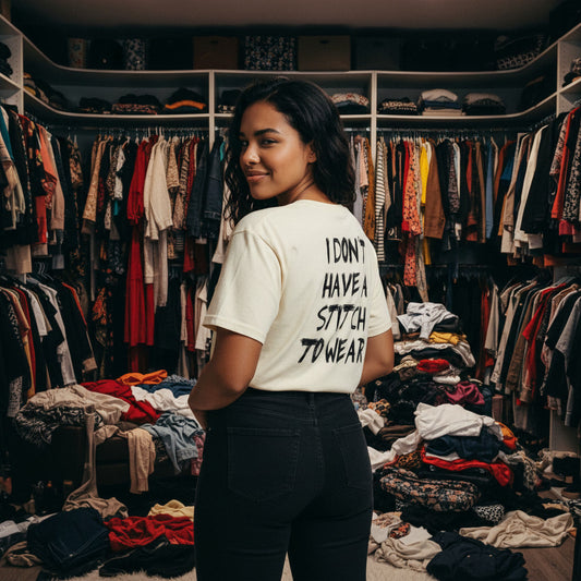 Person wearing a white t-shirt with text in a cluttered wardrobe.