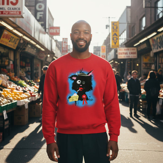 Man wearing a red sweatshirt with a cartoon character in a street market setting