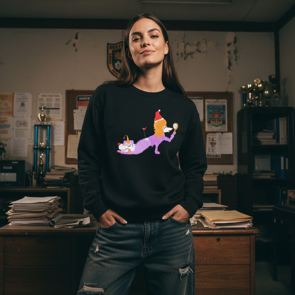 Person wearing a black sweatshirt with a colorful graphic design in an office setting