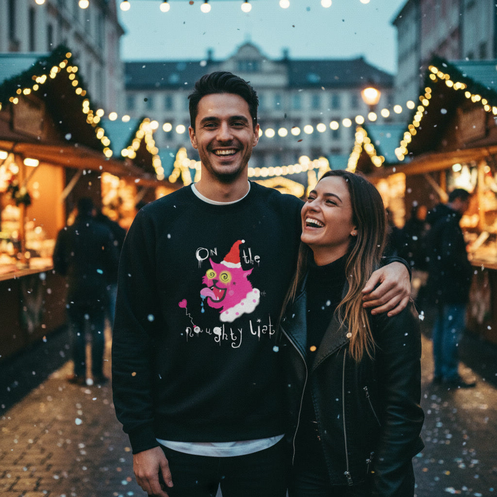 Two people standing together in a festive outdoor market with lights and buildings in the background.