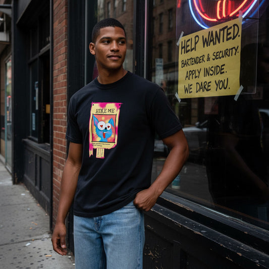 Man wearing a black t-shirt with a colorful graphic design, standing in front of a building with a 'Help Wanted' sign.