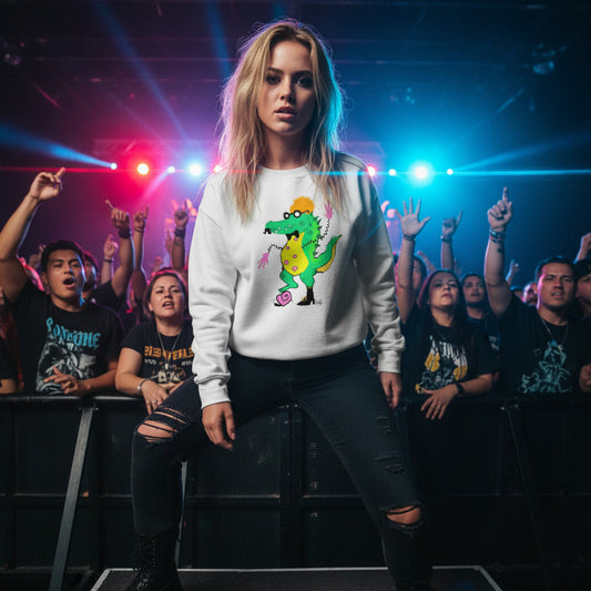 Person wearing a white sweatshirt with a colorful graphic in front of a crowd at a concert.
