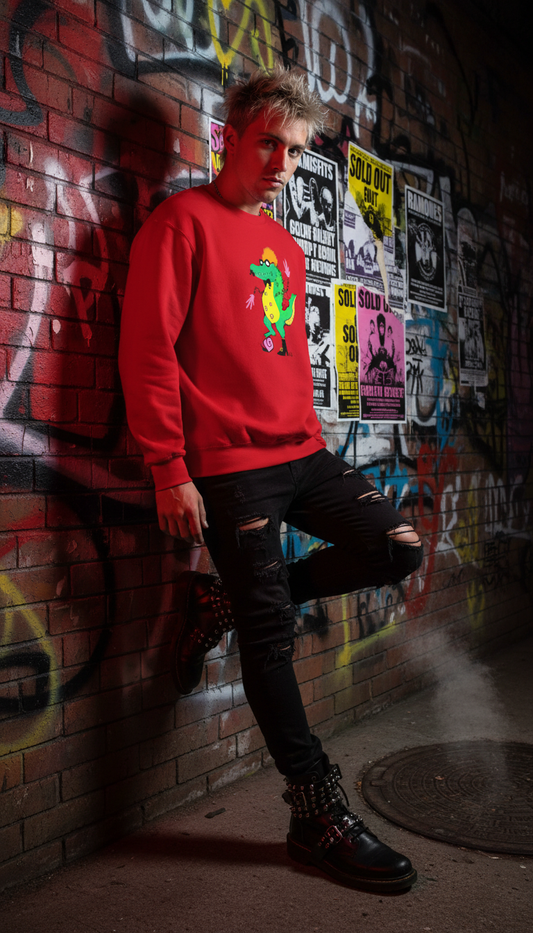 Person wearing a red sweatshirt with a graphic design, leaning against a graffiti-covered wall.