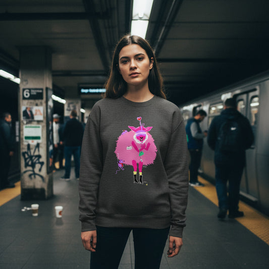Woman wearing a dark gray sweatshirt with a colorful graphic design in a subway station.