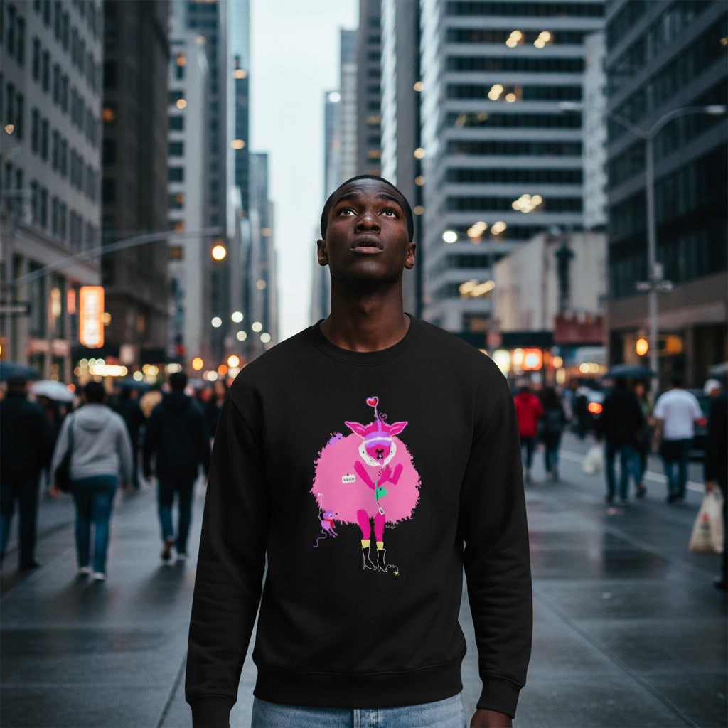 Person wearing a black sweatshirt with a pink cartoon character on a city street.