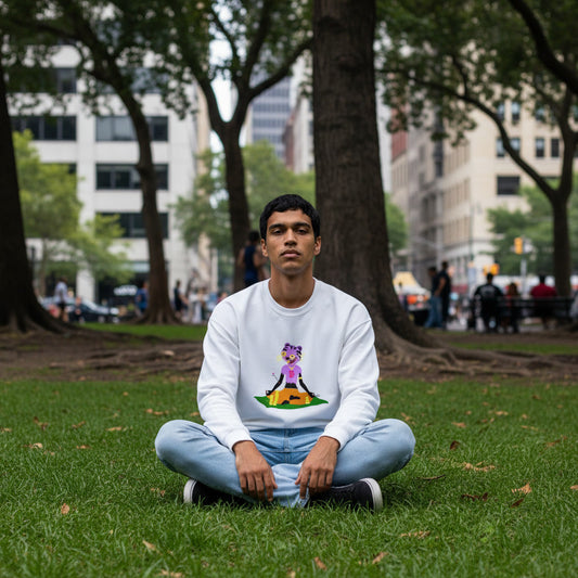 Person sitting on grass in a park with a cityscape background