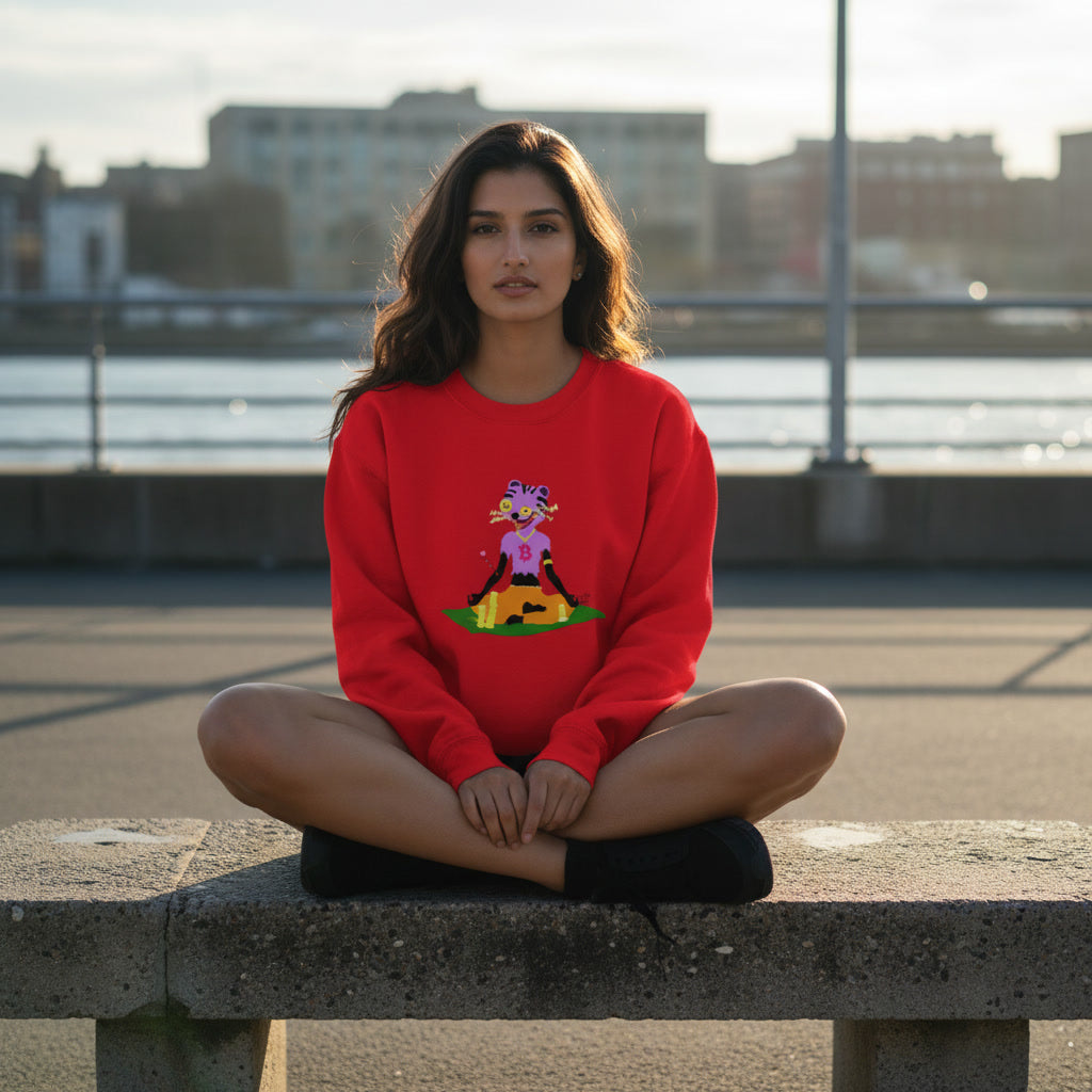 Woman wearing a red sweatshirt with a graphic design, sitting on a concrete bench by a waterfront.